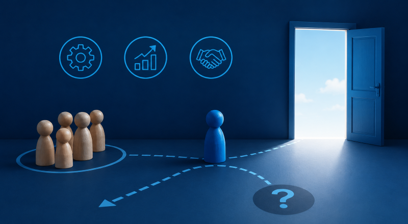 Thinking of Leaving Your Mortgage Network? Conceptual hero image showing a broker considering a new direction, with symbolic pathways, support icons, and an open door representing change, opportunity, and a move to a new mortgage network.