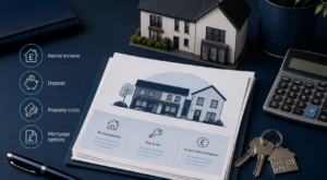 What is a Buy-to-Let Mortgage? Property model, rental income icons, mortgage paperwork, calculator and keys.