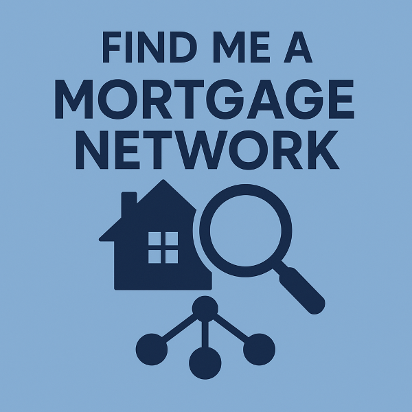 A square blue graphic (600 by 600) featuring dark blue text that reads “Find Me a Mortgage Network” above icons of a house, a magnifying glass, and a connected network diagram