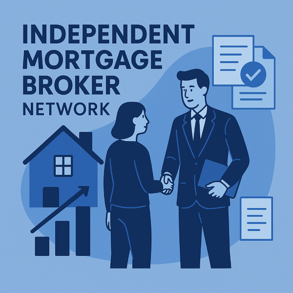 Illustration showing an independent mortgage broker shaking hands with a client beside a house icon, growth chart, and documents