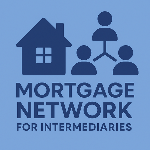 A flat-design digital vector graphic showing a blue house connected to three people icons representing a professional network, with the text “Mortgage Network for Intermediaries”