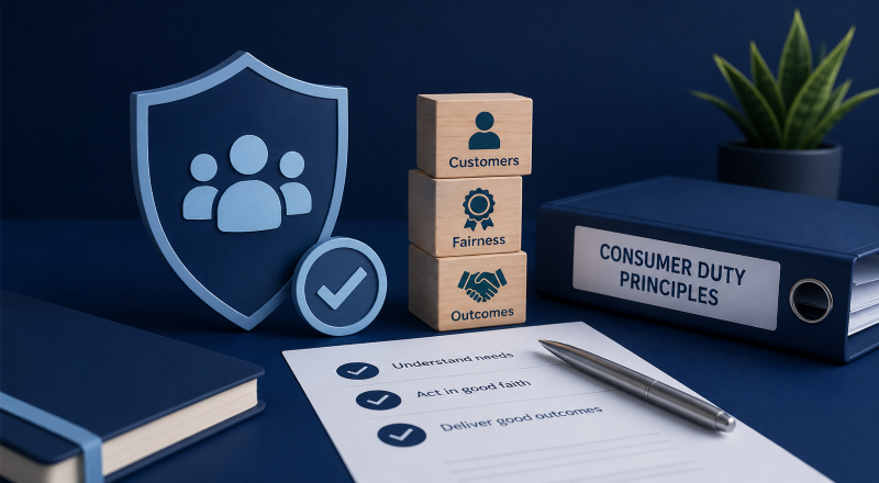 Consumer Duty in 2024 principles represented by customer, fairness and good outcome icons with a compliance checklist.