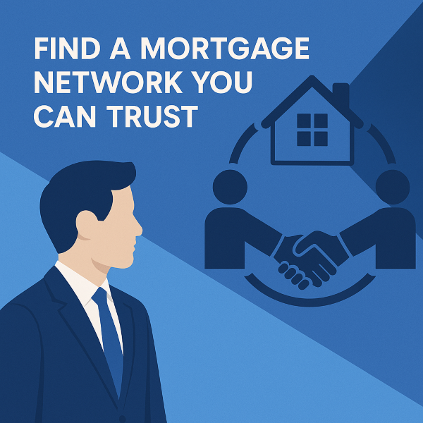 Professional, trustworthy mortgage network concept featuring clean branding colours in blue and navy, symbolising guidance, reliability and support.