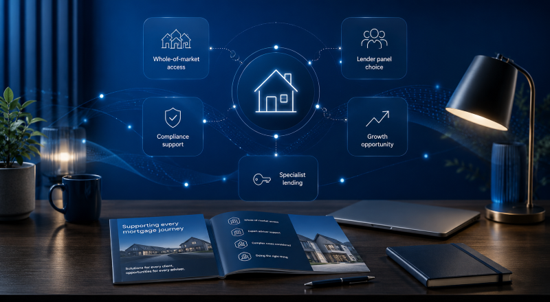 Whole-of-Market Mortgage Network with lender panel, compliance support and specialist lending icons.