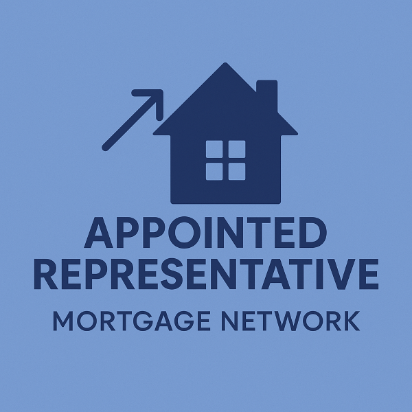 A square blue graphic featuring a dark blue house icon with a window and an upward arrow beside it, placed above the bold text “Appointed Representative” and smaller text “Mortgage Network,