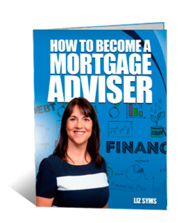 A square promotional graphic with a blue gradient background. Large white text at the top reads “HOW TO BECOME A MORTGAGE ADVISER”. A colour portrait of a smiling woman with dark hair appears in the lower left. Smaller white text at the bottom right reads “LIZ SYMS”.