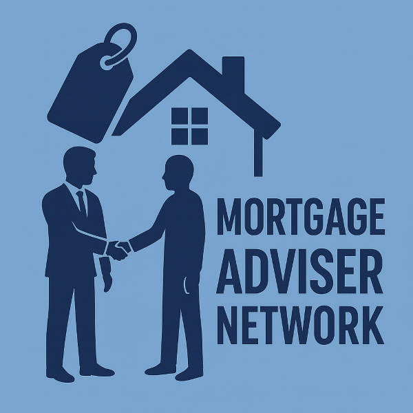 Blue flat-design graphic showing two figures shaking hands beside a house icon and a blank price tag, with the words Mortgage Adviser Network displayed to the right.