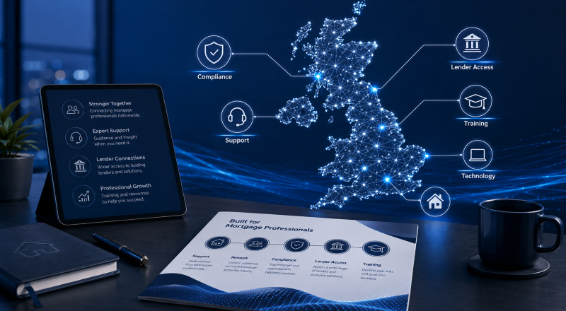 How to Compare a UK Mortgage Network in 2024, showing a connected UK map with compliance, lender access, training, support and technology icons.