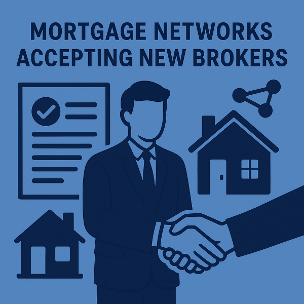"A blue flat-style illustration showing a professional mortgage broker shaking hands, surrounded by icons of houses, documents, and network symbols, with the heading ‘Mortgage Networks Accepting New Brokers’."
