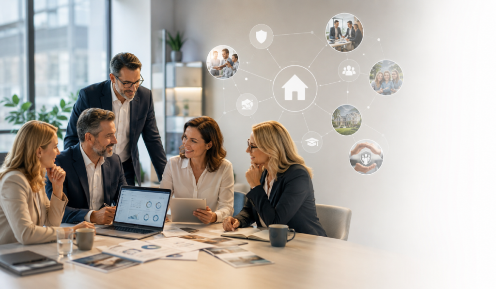What Mortgage Brokers Look for in a Network: experienced mortgage advisers collaborating in a modern office with technology, compliance, protection and property support visuals.