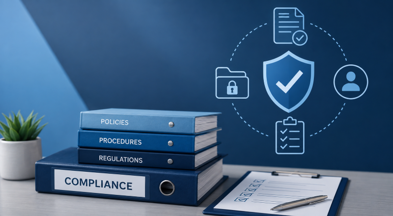 Mortgage Network Compliance Support hero image showing a professional compliance-focused office desk with blue binders, a checklist clipboard, and security and document icons in Connect-branded dark blue and light blue tones.
