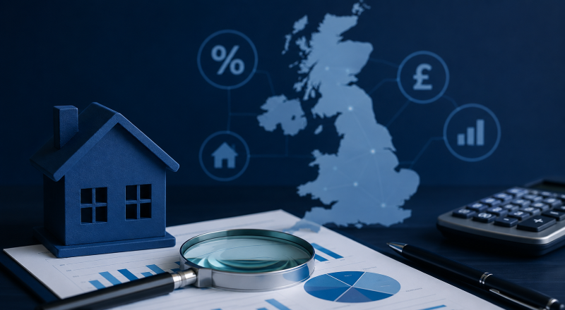 UK Mortgage Market 2024 review with house model, UK map, calculator, interest rate and financial analysis icons.