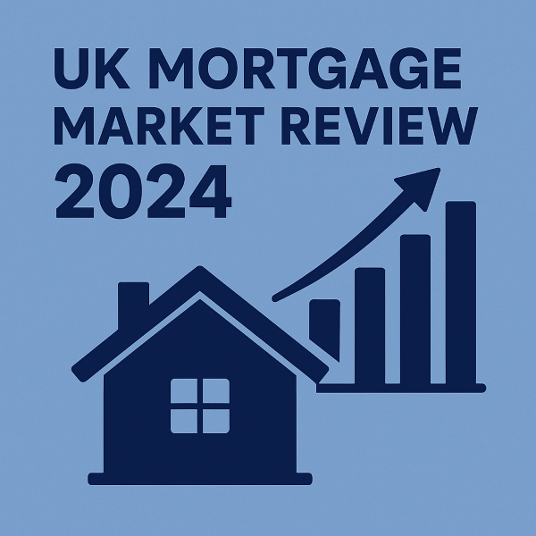 A square 600 by 600 graphic featuring the title “UK Mortgage Market Review 2024” in navy blue. Below the text is a simple navy blue house icon and an upward-trending bar chart with an arrow, all set against a light blue background