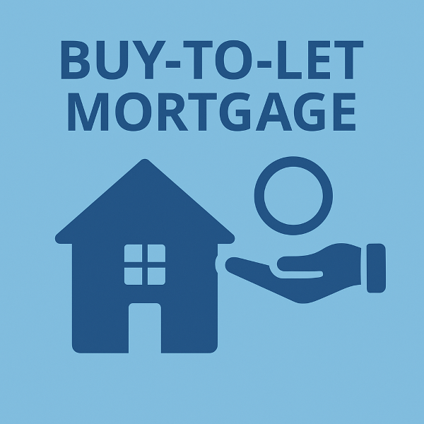 A 600×600 square graphic in two shades of blue: large bold text at the top reads “BUY-TO-LET MORTGAGE”. Below, a simple house icon sits on the left, and on the right a hand is shown holding a plain circular coin shape. The background is a light blue gradient, and all icons/text are in dark blue.