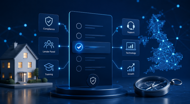 Choosing the Right Mortgage Network in 2025 with compliance, lender panel, training, technology, support and growth icons.