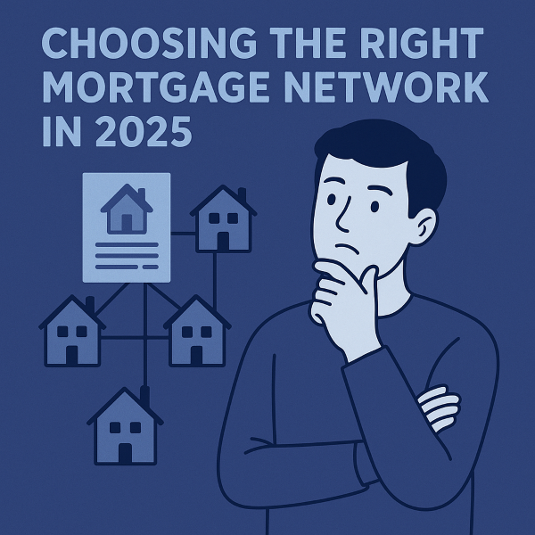 A flat-design illustration in blue tones showing a thoughtful person considering different connected houses, with the title “Choosing the Right Mortgage Network in 2025” displayed at the top.
