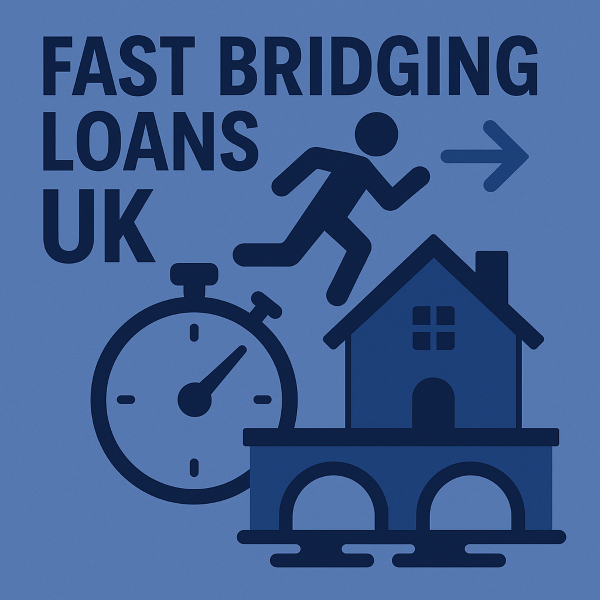 Square blue graphic featuring the text ‘Fast Bridging Loans UK’ in dark navy. The design includes simple icons of a stopwatch, a running figure, a house, and a bridge,