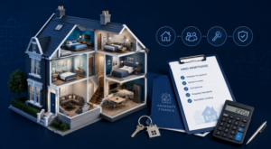 HMO Mortgage Case Assessment showing a multi-room rental property, compliance checklist, keys and mortgage calculator.