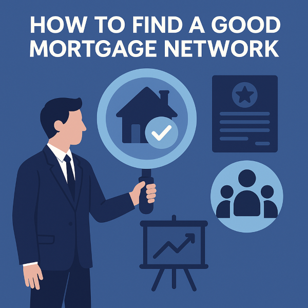 A flat-style blue infographic showing a business professional holding a magnifying glass over a house icon with a checkmark. Surrounding icons include a document with a star, a group of people, and a presentation board with an upward graph. The title reads “How to Find a Good Mortgage Network,”A flat-style blue infographic showing a business professional holding a magnifying glass over a house icon with a checkmark. Surrounding icons include a document with a star, a group of people, and a presentation board with an upward graph. The title reads “How to Find a Good Mortgage Network,