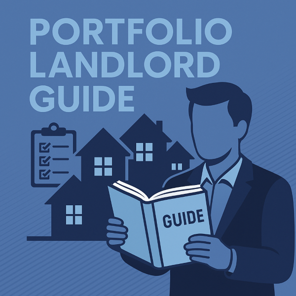 A blue-themed square illustration showing a faceless person in a suit reading a book labelled “Guide,” with several house icons and a checklist in the background. The text “Portfolio Landlord Guide” appears at the top,