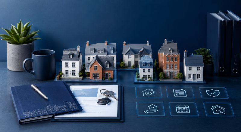Portfolio landlord mortgage assessments shown through a property portfolio, finance documents and landlord planning icons.