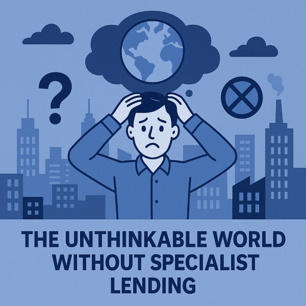 A flat-style digital illustration in blue tones showing a worried man holding his head in front of a cityscape. Above him is a cloud-shaped thought bubble containing a globe, symbolising global impact. Surrounding him are icons of uncertainty, including a question mark and a crossed circle. The text reads “The Unthinkable World Without Specialist Lending,” highlighting the theme of the image.