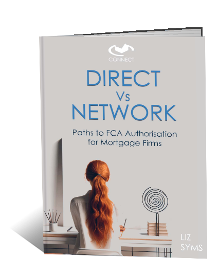 Booklet-style cover titled “Direct vs Network” with the subtitle “Paths to FCA Authorisation for Mortgage Firms”. The cover shows a woman with long red hair seated at a desk facing away, with minimalist décor elements, and Connect branding at the top.
