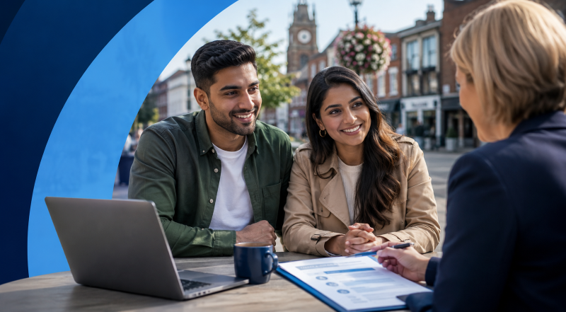 Mortgage Broker in Hornchurch hero image showing a stylised blue map marker, Hornchurch location signage and local townscape in Connect brand colours.
