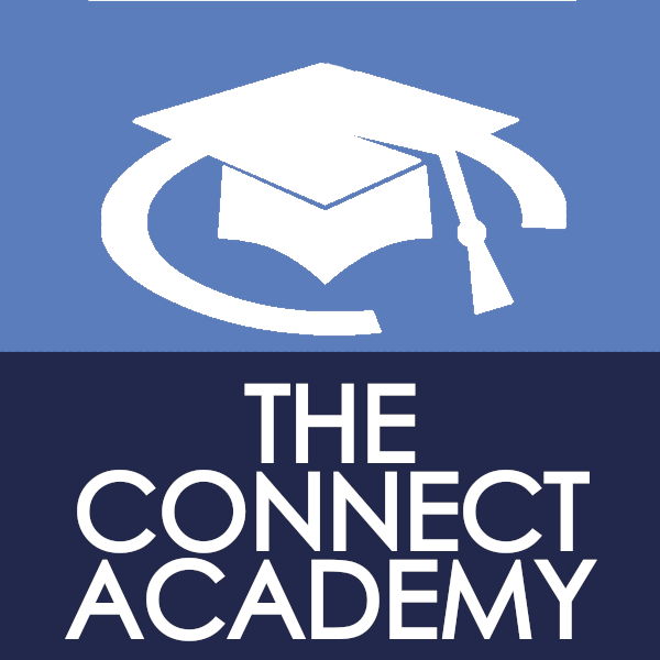 Blue square logo for The Connect Academy, featuring a white graduation cap icon above the text “THE CONNECT ACADEMY”.