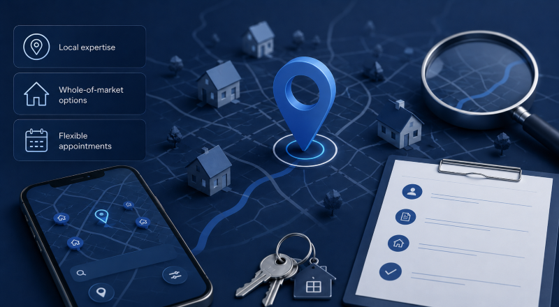 Broker Near Me Searches shown through a local map, location pin, property icons, magnifying glass, smartphone and mortgage checklist.