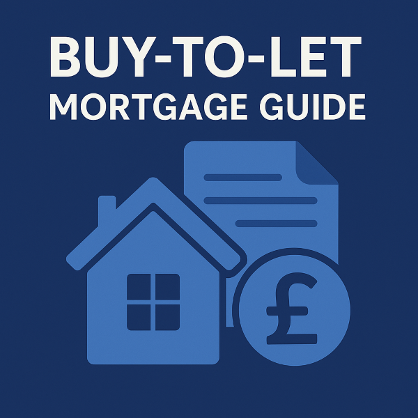 A square graphic featuring a deep blue background with lighter blue branding elements. The design includes a stylised house icon, a document icon, and a pound symbol, visually representing a Buy-to-Let Mortgage Guide