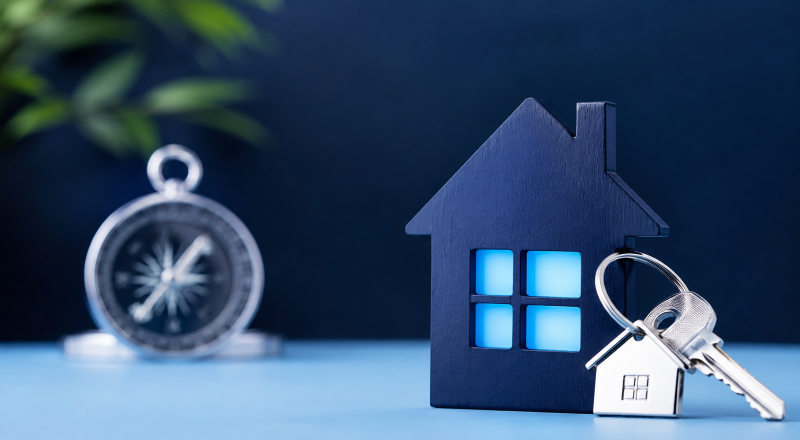 Independent Mortgage Advice represented by a blue house model, keys and a compass symbolising clear direction and informed mortgage choices.