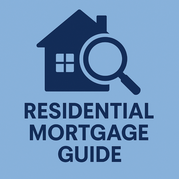 A blue square graphic featuring a dark blue house icon with a magnifying glass beside it, above bold dark blue text that reads Residential Mortgage Guide.