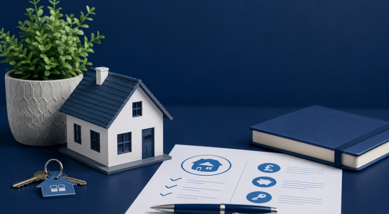 Residential Mortgage Market Guide featuring a model home, house keys and mortgage planning documents in dark blue branded colours.