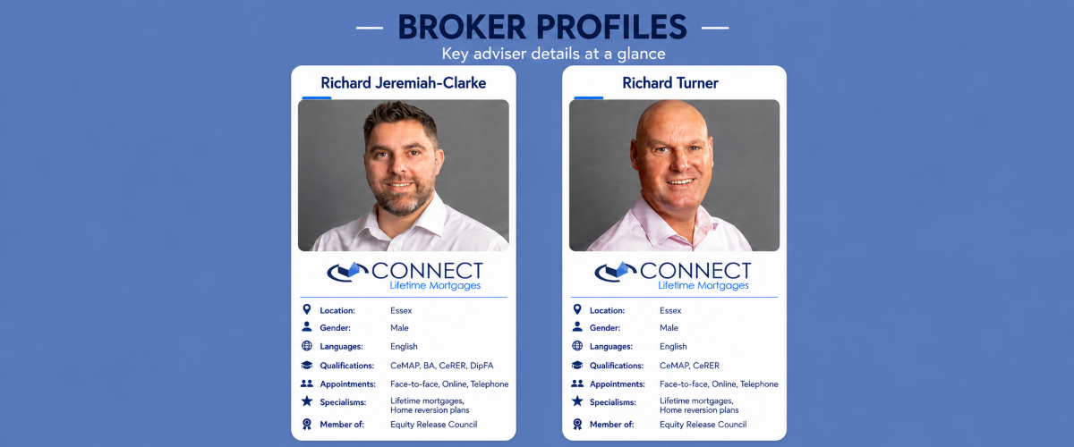 Broker Profiles hero image showing Richard Jeremiah-Clarke and Richard Turner from Connect Lifetime Mortgages, with key adviser details including Essex location, qualifications, lifetime mortgages, home reversion plans and Equity Release Council membership.