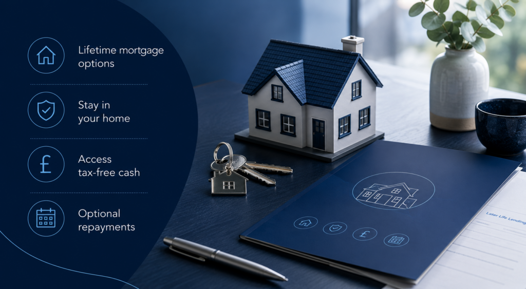 Equity Release Advice guide showing a model home, keys and later-life mortgage options.