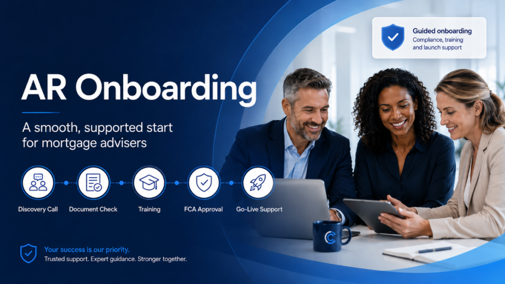AR Onboarding hero image showing a diverse group of mortgage advisers reviewing the onboarding process, including discovery call, document check, training, FCA approval and go-live support.