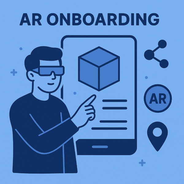 Flat-style digital illustration showing a person using augmented reality glasses for onboarding. The figure interacts with a floating 3D cube on a large smartphone screen, surrounded by AR icons and shapes.