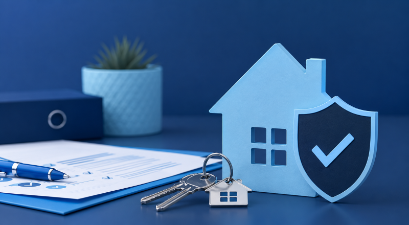 CAS Mortgage Advisers guide represented by a house, approved shield, keys and mortgage documents in Connect’s dark and light blue brand colours.