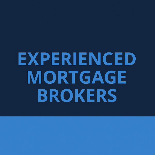 Square 600×600 graphic with a dark navy blue background and a lighter blue band across the bottom. Centered, large bold uppercase text reads “EXPERIENCED MORTGAGE BROKERS” in light blue with a subtle shadow.