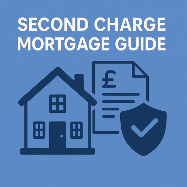graphic in blue brand colours showing a UK-style house icon, a financial document with a pound sign, and a shield with a checkmark, representing a Second Charge Mortgage Guide.