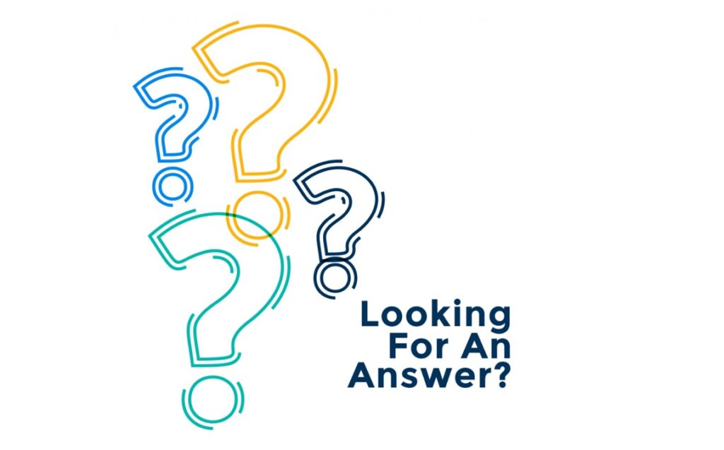 Illustration showing multiple colourful question marks surrounding a central black question mark, with the text “Looking For Answers?” underneath on a white background.