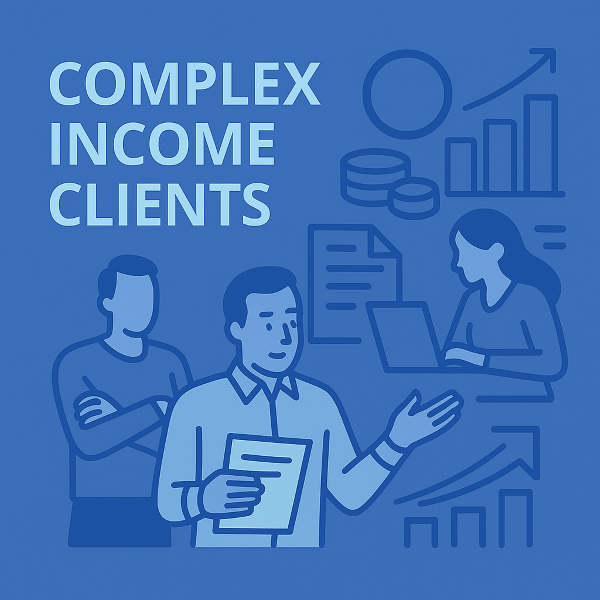 Square 600×600 blue graphic with the text “COMPLEX INCOME CLIENTS” in light blue on the left. Three simplified illustrated people appear on the right and lower area: one holding a document and gesturing, one with arms crossed, and one working on a laptop. Background icons show a blank coin circle, stacked coins, a document, bar charts, and upward arrows in two-tone blue.