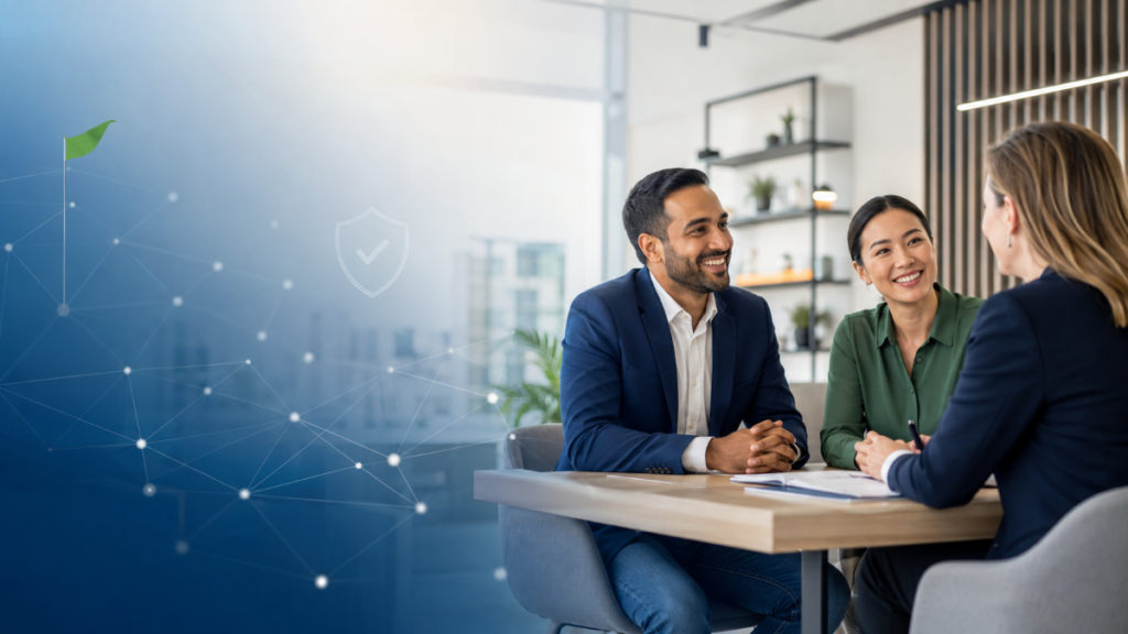 Green Flag Mortgage Network hero image showing a diverse couple speaking with a mortgage adviser in a modern office, with a green flag symbol and professional network design elements.