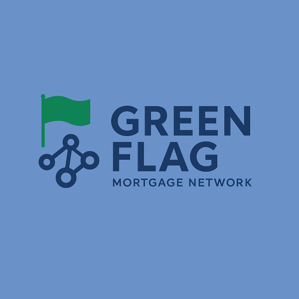 A blue square background with a green flag icon on the left and a dark navy network symbol made of connected nodes below it. To the right, bold dark navy text reads “Green Flag” with smaller text underneath saying “Mortgage Network.”