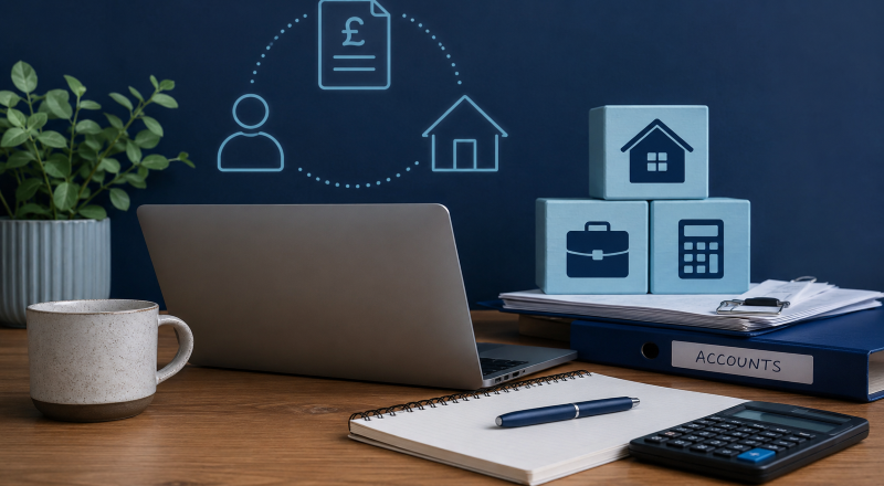 Modern home office scene illustrating Self-Employed Mortgage Cases, with a laptop, calculator, paperwork, notebook, and mortgage-related icons in dark blue and light blue branded tones.