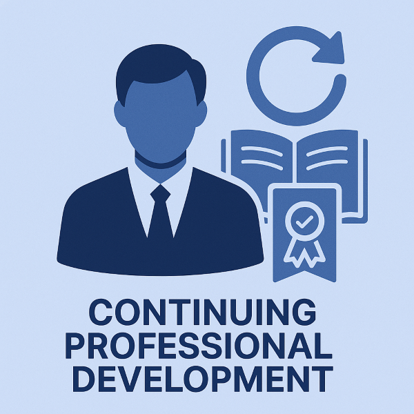 A minimalist digital illustration showing a professional figure in shades of blue with icons of a book, a circular arrow, and a certificate, representing learning and career growth. The text reads “Continuing Professional Development.”