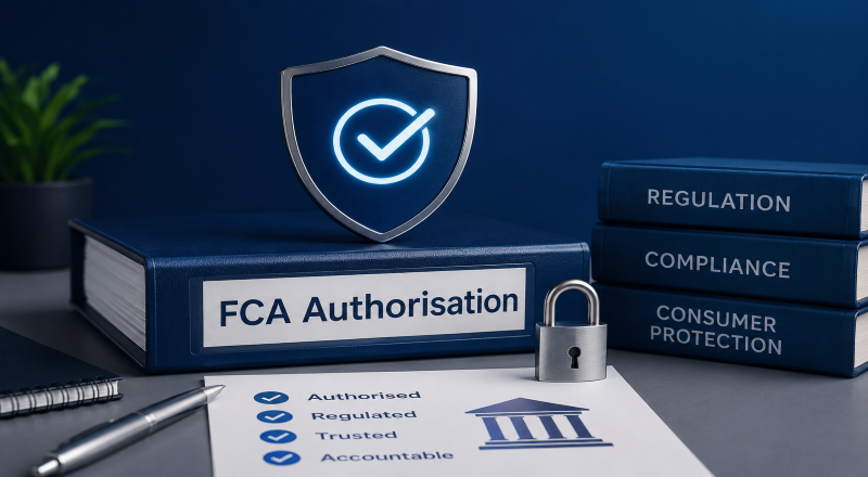 FCA Authorisation Routes for Mortgage Advisers, represented by compliance documents, a protection shield, regulatory guidance and an authorised status checklist.