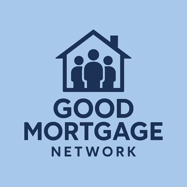A clean, modern logo featuring a dark blue house outline with three abstract human figures inside, symbolising community and connection. Beneath it, the bold text reads “GOOD MORTGAGE NETWORK”