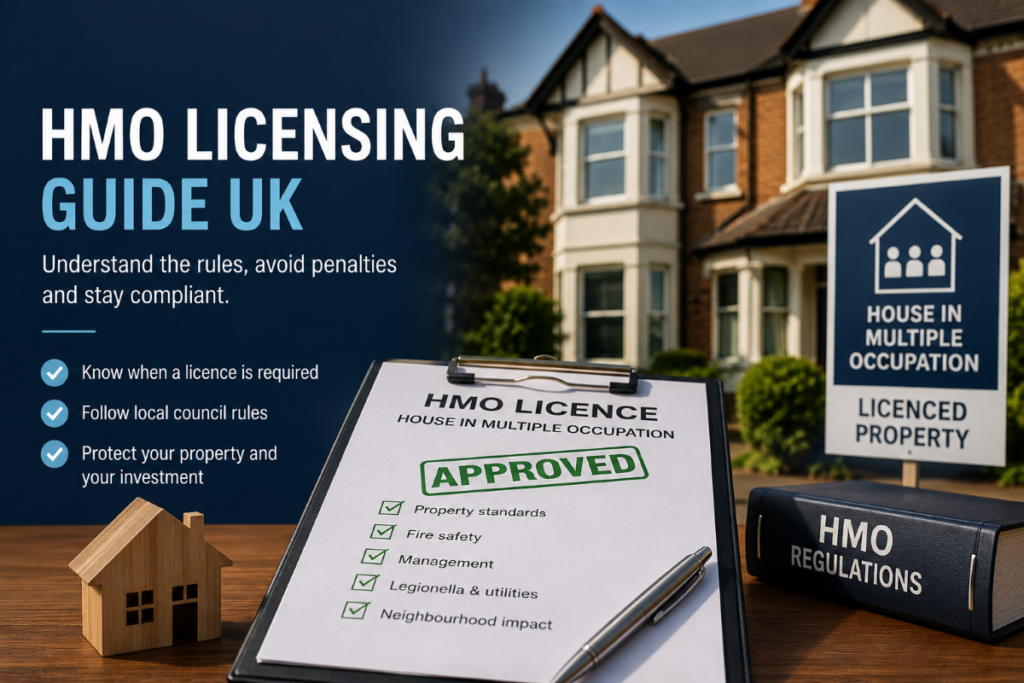 HMO Licensing Guide UK showing a licensed shared property, HMO licence checklist and compliance approval for landlords and brokers.